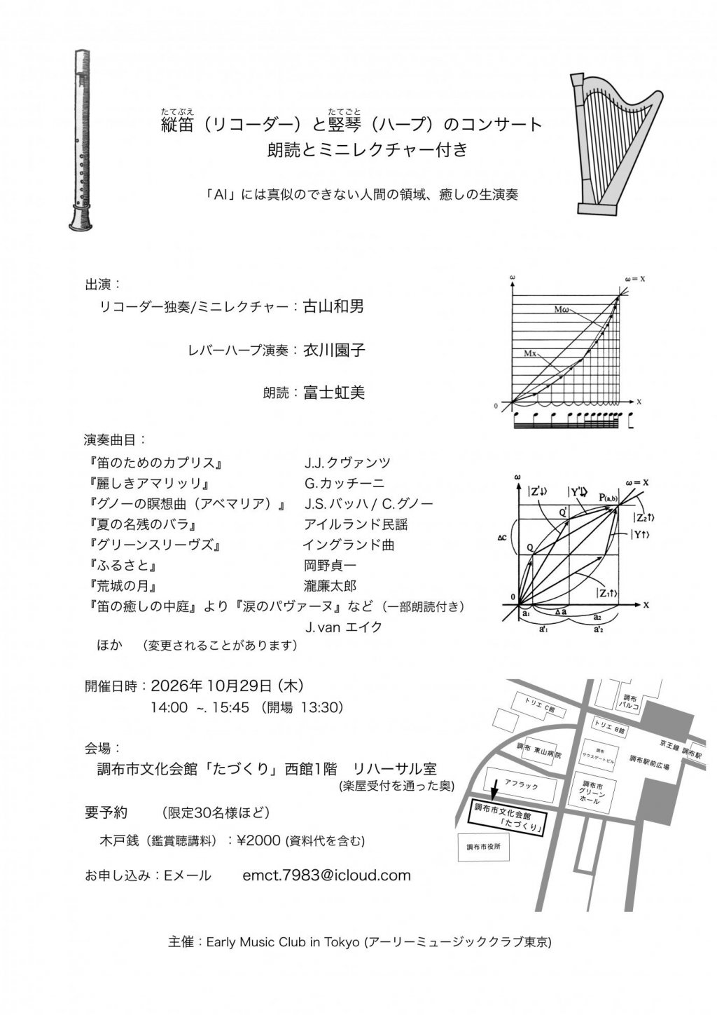 縦笛（リコーダー）と 竪琴（ハープ）のコンサート　朗読 と ミニレクチャー 付き