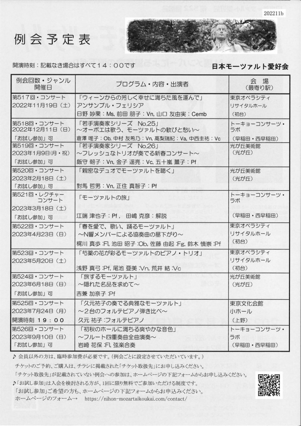 日本モーツァルト愛好会 第522回例会 春を愛で、歌い、踊るモーツァルト ~N響メンバーによる協奏曲の昼下がり~